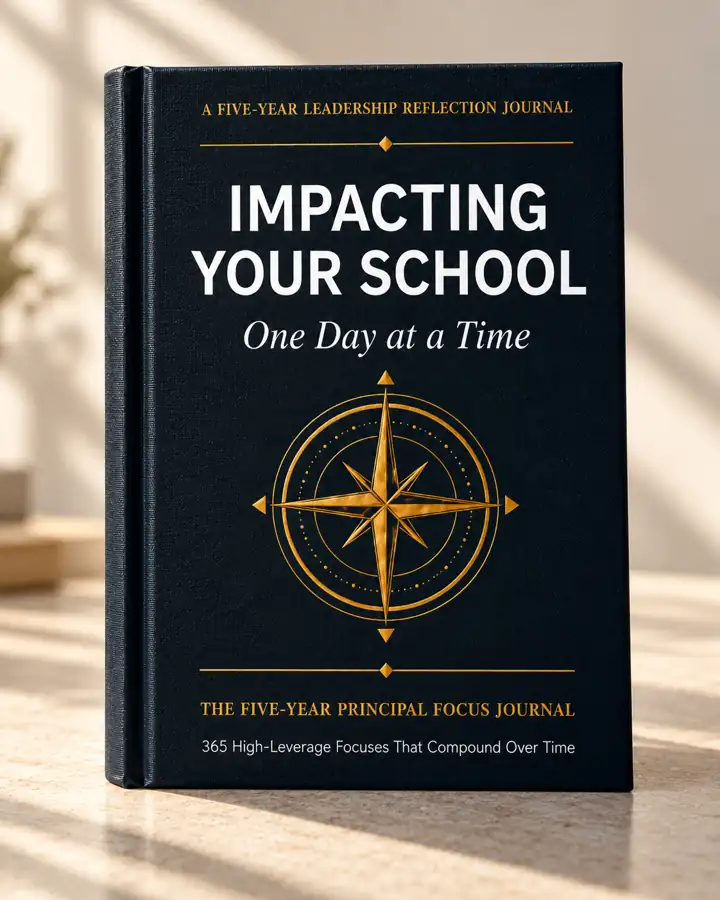 Staged illustration of Impacting Your School hardcover journal with the compass cover design in soft natural sunlight
