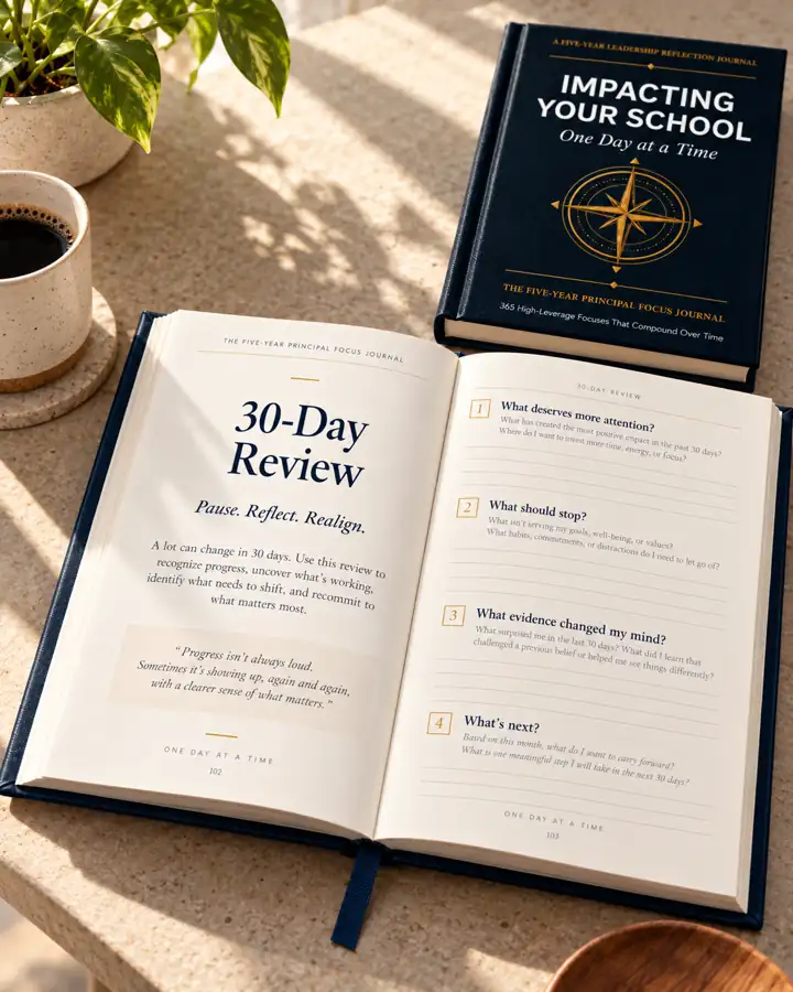 Illustrative 30-Day Review spread with leadership reflection prompts