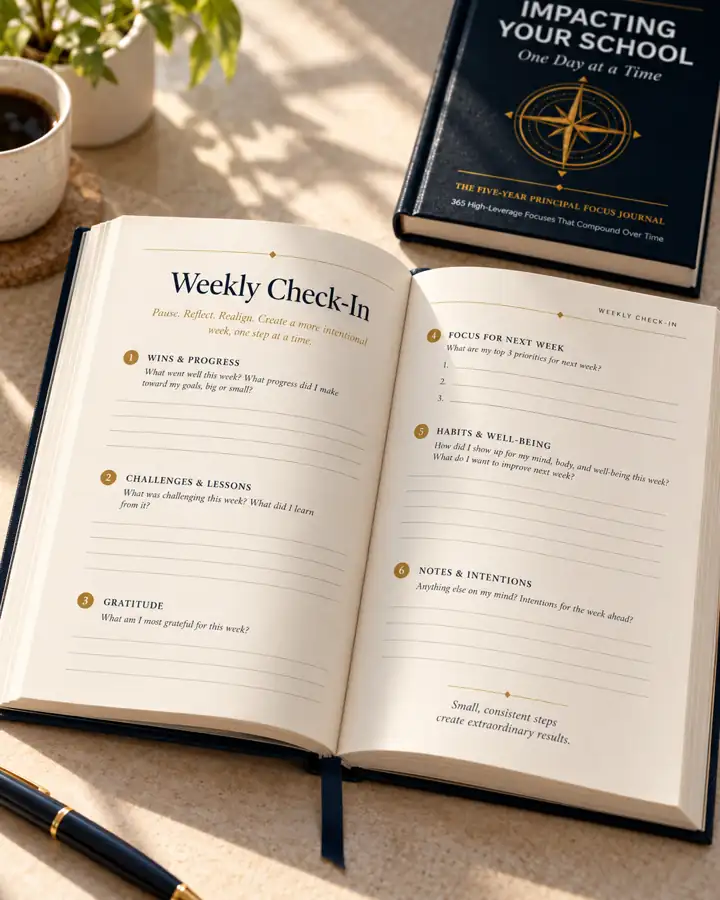 Illustrative Weekly Check-In spread with writing prompts and reflection space